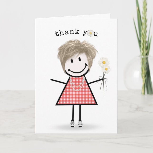 Thank You Stick Figure Girl with Daisies  Card (Front)