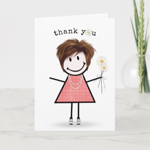 Thank You Stick Figure Girl with Daisies Card