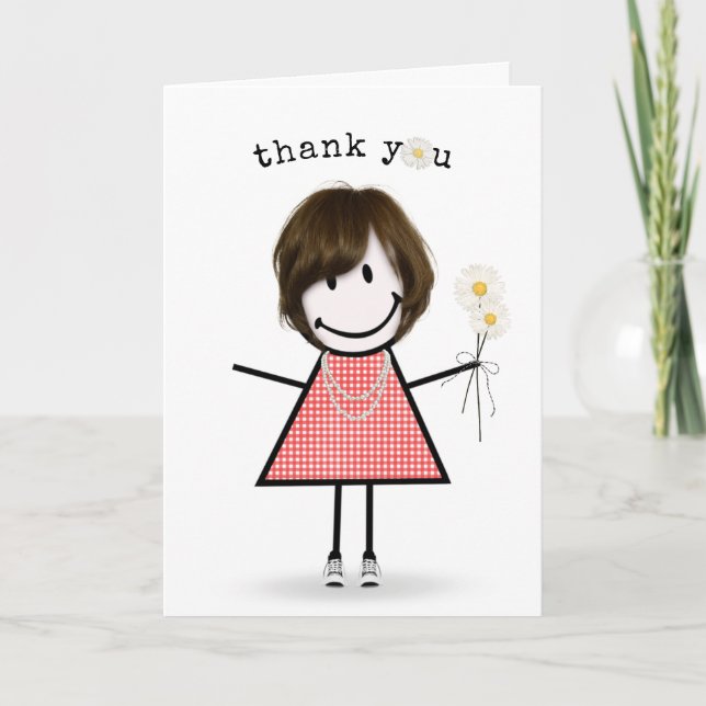 Thank You Stick Figure Girl with Daisies Card (Front)