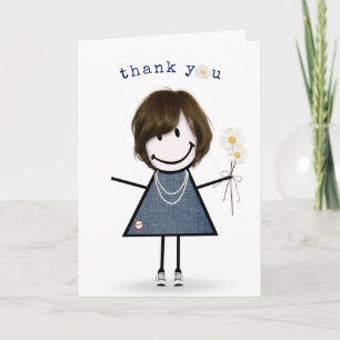 Thank You Stick Figure Girl with Daisies Card