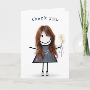 Thank You Stick Figure Girl with Daisies Card