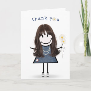 Thank You Stick Figure Girl with Daisies Card