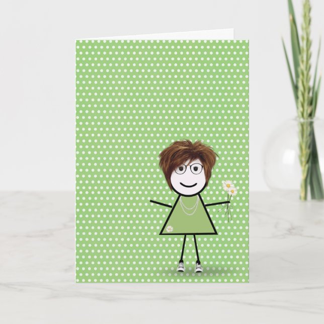 Thank You Stick Girl with Daisies Card (Front)