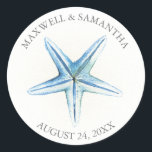 Thank You Sticker Blue Starfish Beach Wedding<br><div class="desc">Personalized Starfish Beach Wedding Stickers with bride's and groom's names and wedding date features watercolor artwork in shades of blue. Use them for wedding favors and gifts. Visit www.zazzle.com/dotellabelle to see them all.

Unique art and design by Victoria Grigaliunas of Do Tell A Belle.</div>