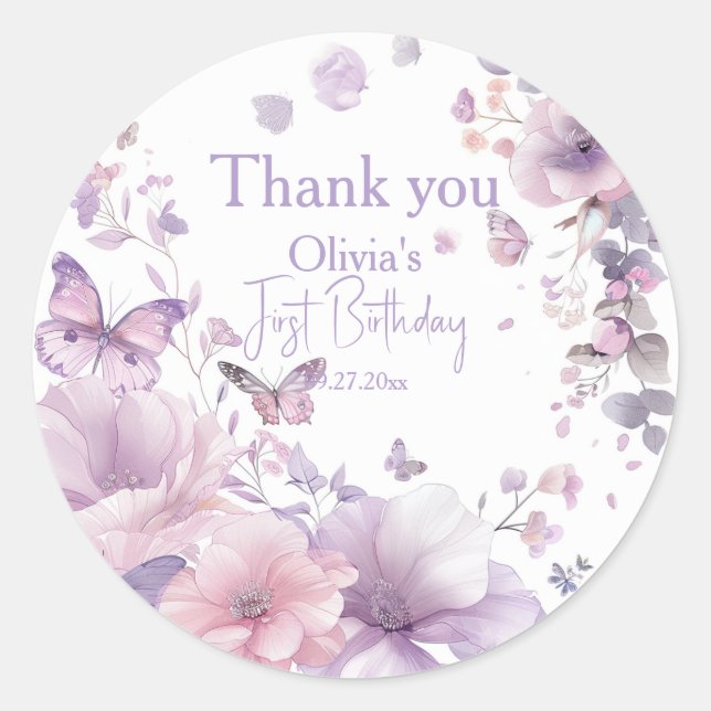 Thank You Sticker Label | Lilac Butterfly Watercol (Front)