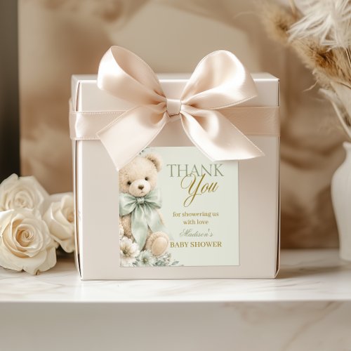 Thank You Sticker Sage Green Teddy Bear Floral