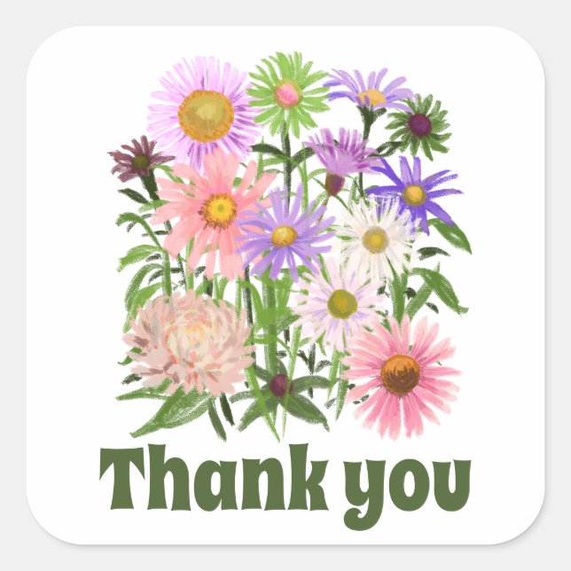 Thank you Stickers beautiful flowers pink green (Front)