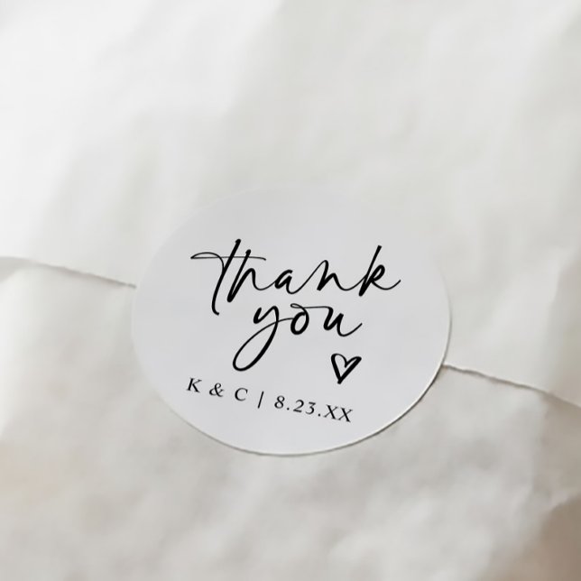 Thank You Stickers for Wedding Favors Modern Heart (Modern minimalist handwriting wedding thank you favor tags with heart in black and white)