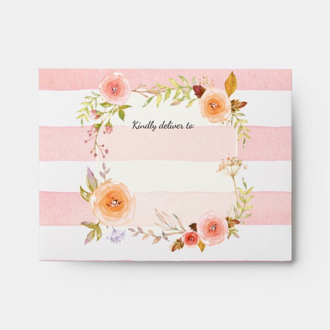 Thank You Striped Watercolor Floral Roses Wedding Envelope (Front)