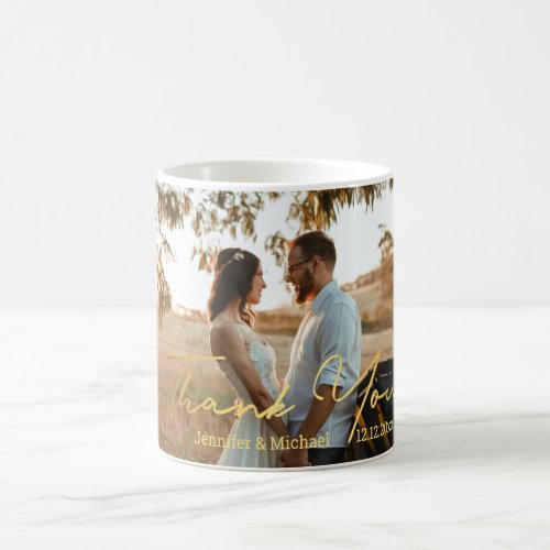 thank youstylish gold handwriting wedding photo  coffee mug