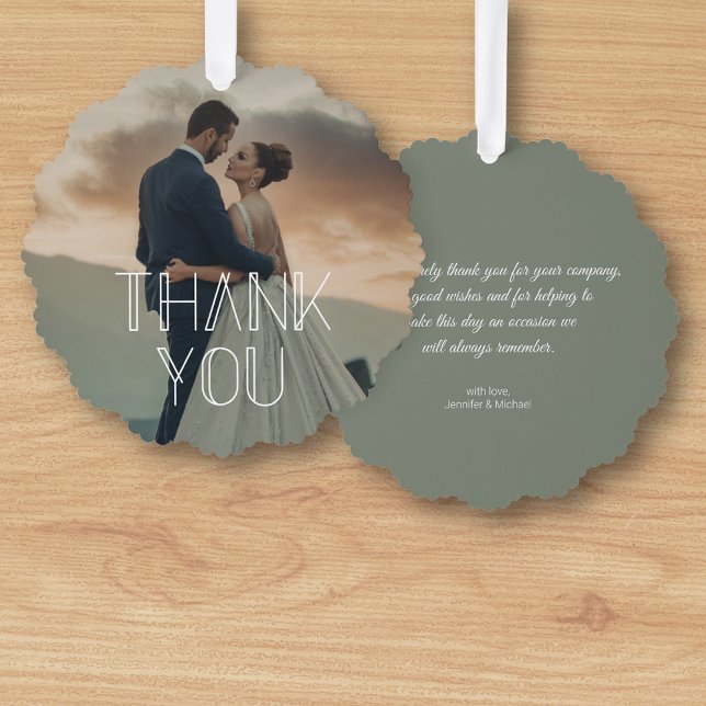 thank you stylish white typography wedding photo   ornament card (Creator Uploaded)