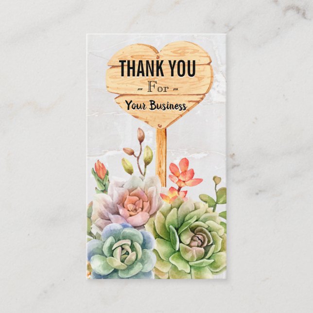 Thank You | Succulent Flowers Heart Sign Business Card (Front)