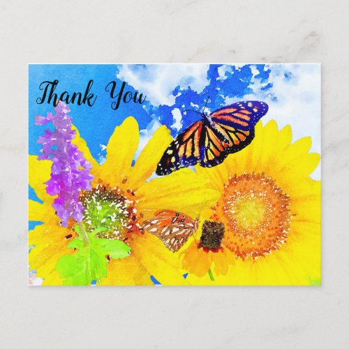 Thank You Sunny Sunflowers and Monarch Butterfly Postcard