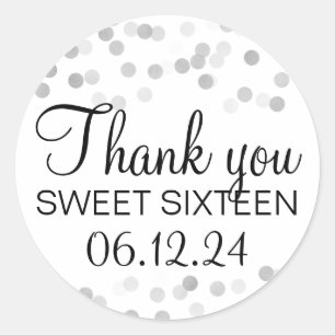 Thank You Sweet 16 Faux Silver Foil Glitter Lights Classic Round Sticker