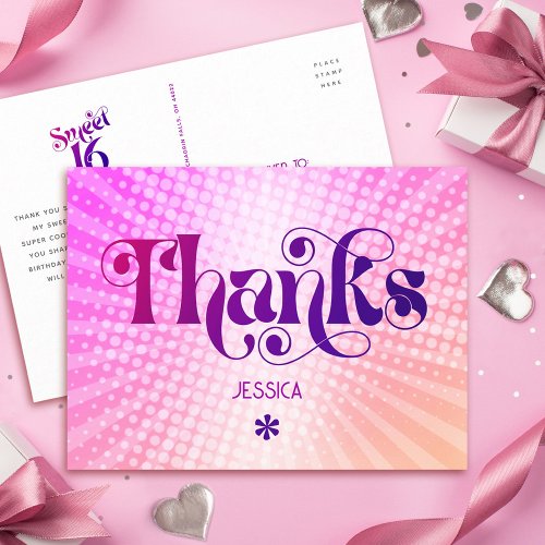 Thank You Sweet 16 Groovy Pink Orange Gradient Postcard