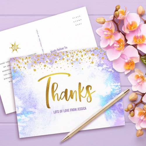 Thank You Sweet 16 Purple Watercolor Gold Birthday Postcard