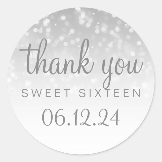 Thank You Sweet 16 Silver Bokeh Sparkle Lights Classic Round Sticker (Front)