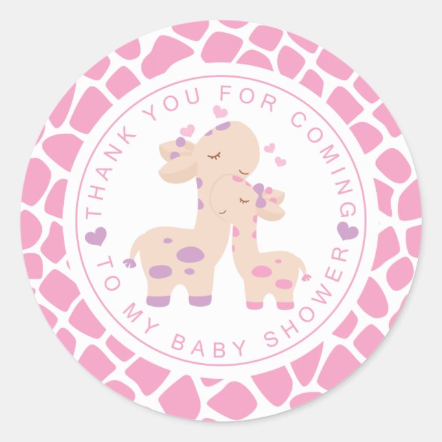 Thank You Sweet Pink Baby Girl Giraffe Baby Shower Classic Round Sticker (Front)