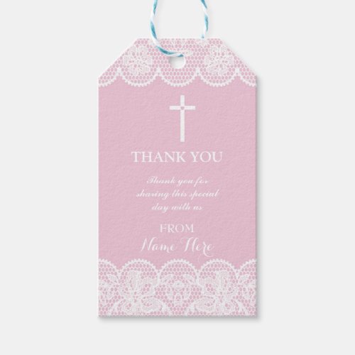 Thank you Tags Favour Pink Lace Cross Religious