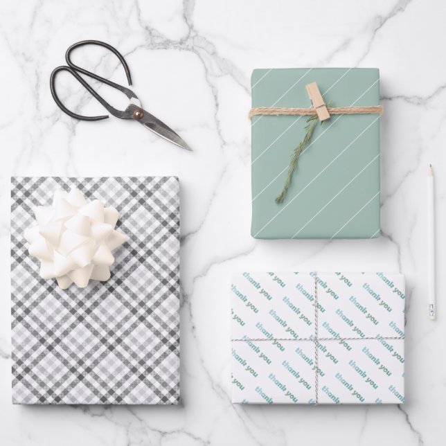 Thank You Tartan Pattern Sage Green Pastel Wrapping Paper Sheets (Front)