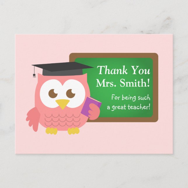 Thank you, Teacher Appreciation Day, Cute Pink Owl Postcard (Front)