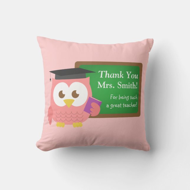 Thank you, Teacher Appreciation Day, Cute Pink Owl Throw Pillow (Front)