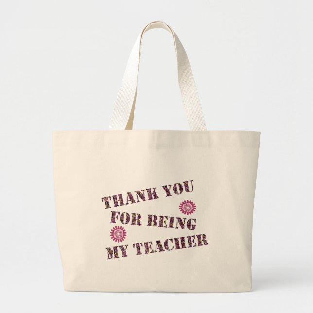 Thank You Teacher Appreciation Pink Flower Floral Large Tote Bag (Front)