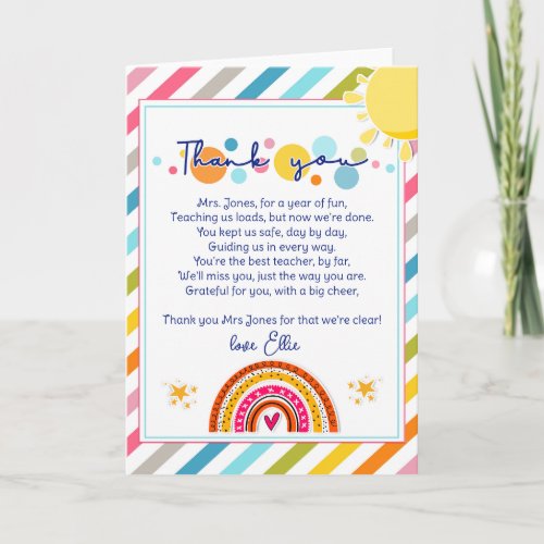 thank you teacher Appreciation rainbow cloud poem Card