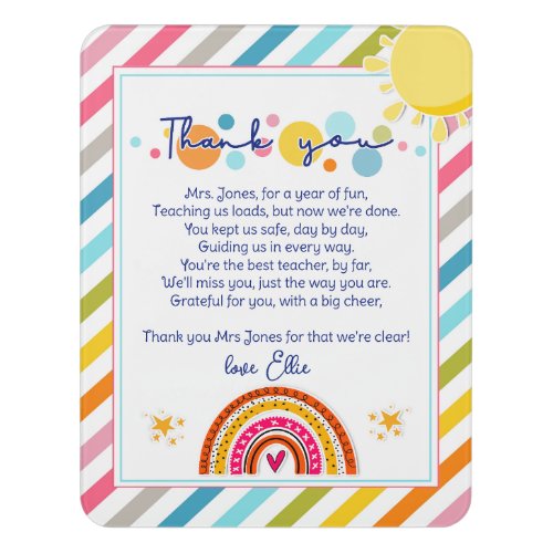 thank you teacher Appreciation rainbow cloud poem Door Sign