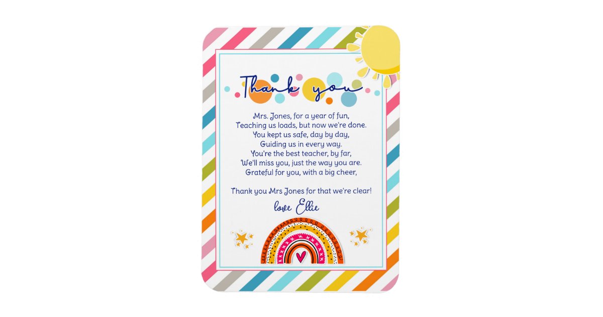 thank you teacher Appreciation rainbow cloud poem Magnet | Zazzle