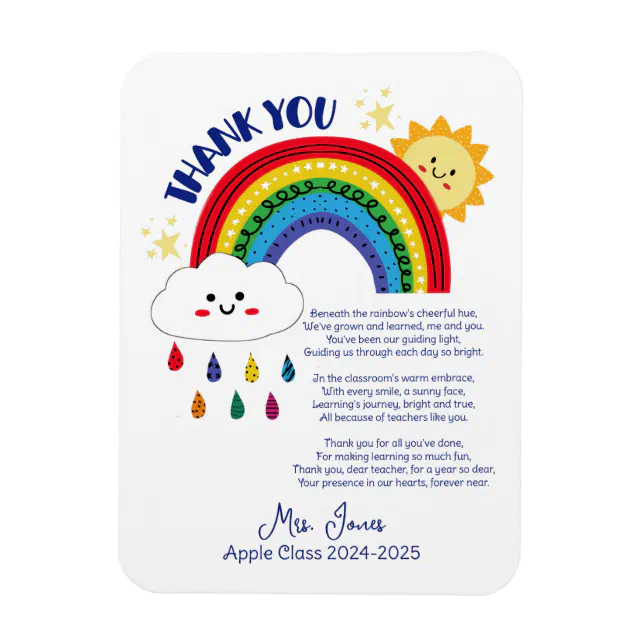 thank you teacher Appreciation rainbow cloud poem Magnet | Zazzle