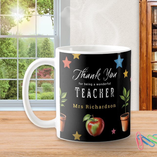 Thank You Teacher Chalkboard Apple Personalized Coffee Mug (A personalized coffee mug with thank you message for a teacher, with chalkboard design)