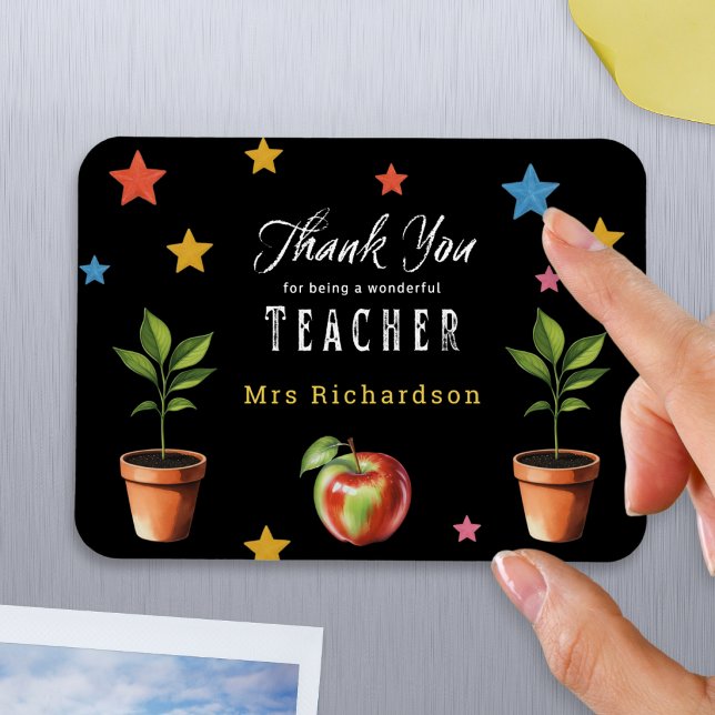 Thank You Teacher Chalkboard Apple Personalized Magnet (A magnet with thank you message to a teacher, with personalized name, stars, apple and plants)