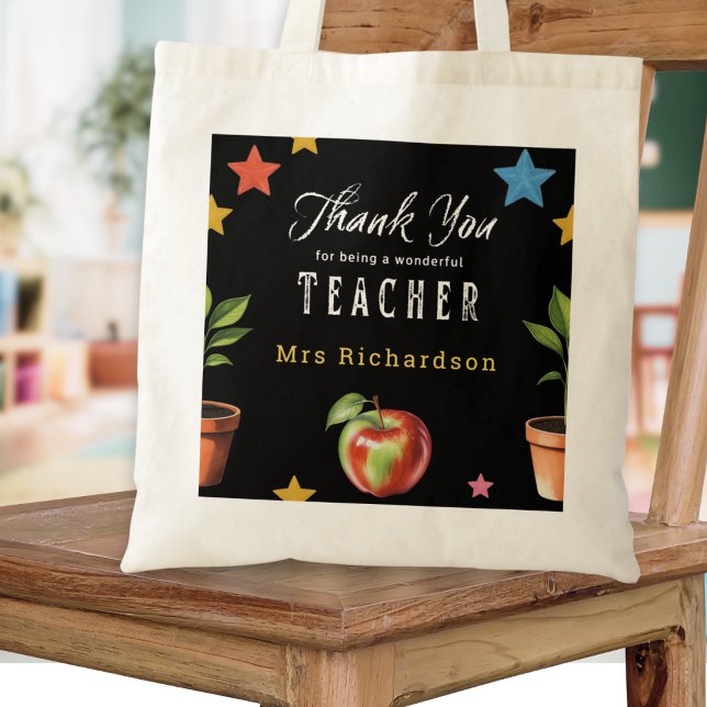Thank You Teacher Chalkboard Apple Personalized Tote Bag (A personalized tote bag with message 'Thank you for being a wonderful teacher' in a chalkboard style)