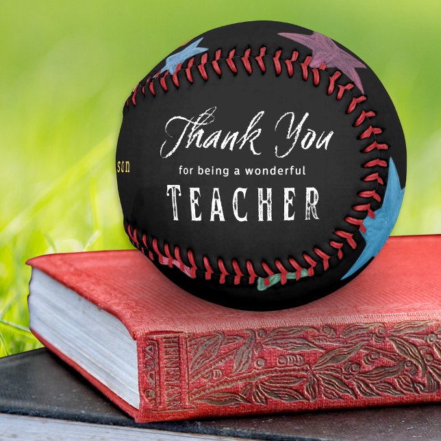 Thank You Teacher Chalkboard Stars Personalized Baseball (A personalized baseball with "Thank you for being a wonderful teacher" message, stars and apple)