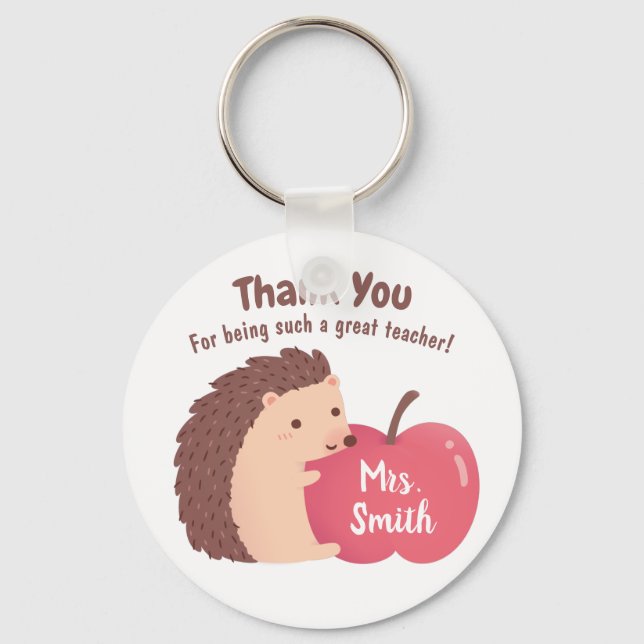 Thank you Teacher, Cute Hedgehog and Apple Keychain (Front)
