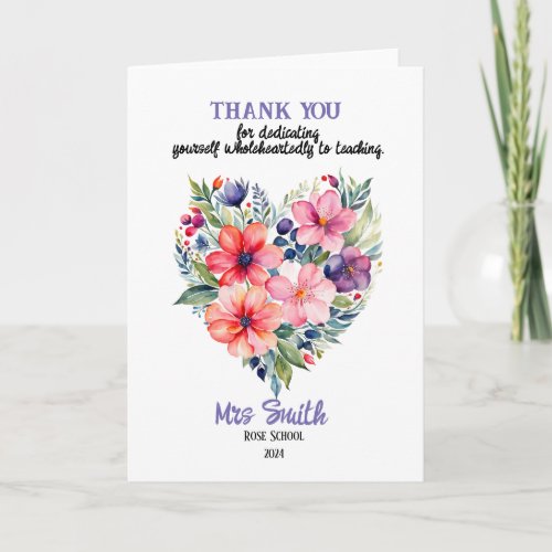 Thank you teacher floral heart gift card