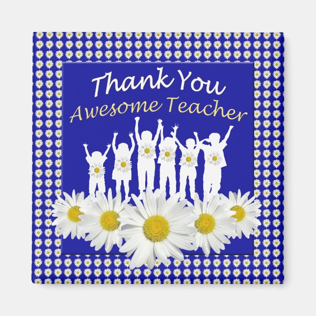 Thank You Teacher Magnet with Daisies and Kids (Front)