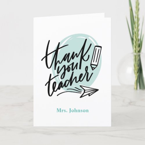 Thank you Teacher Mint Paper Plane Editable Card