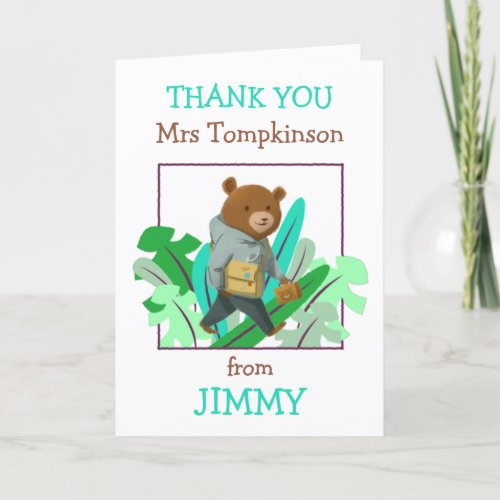 Thank you Teacher Name Cute Bear Leaves Card