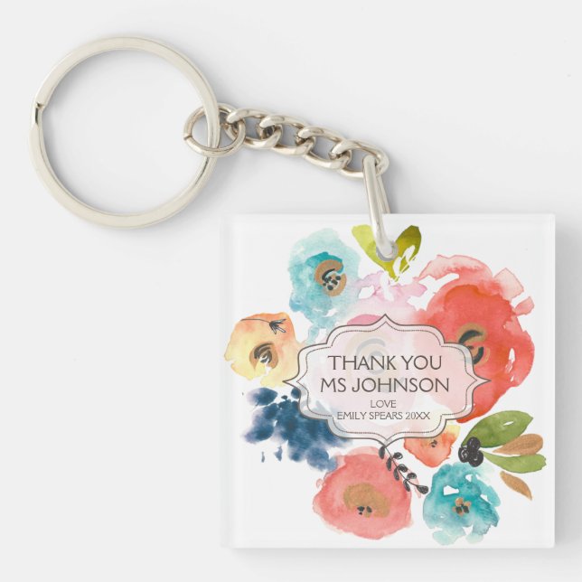 Thank You Teacher Personalized Flowers Gift Key Keychain (Front)