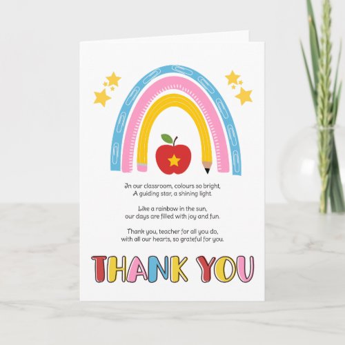 thank you teacher rainbow apple star poem card