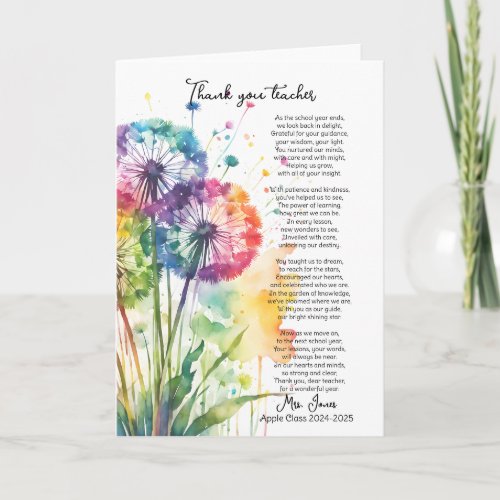 thank you teacher retirement dandelion poem card