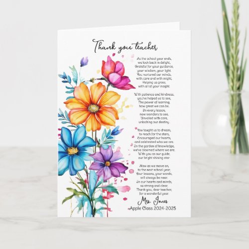 thank you teacher retirement flower poem card