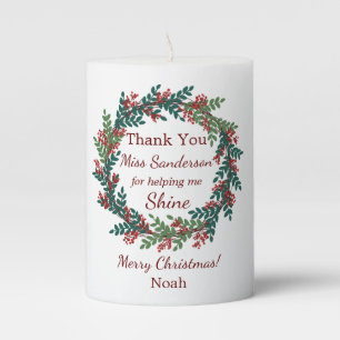 Thank You Teacher's Name Christmas Wreath Pillar Candle