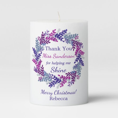 Thank You Teachers Name Purple Christmas Wreath Pillar Candle