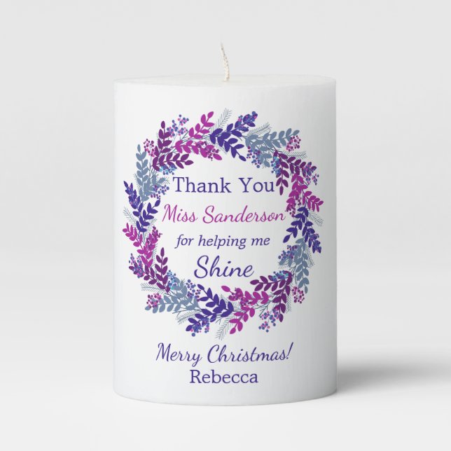 Thank You Teacher's Name Purple Christmas Wreath Pillar Candle (Front)