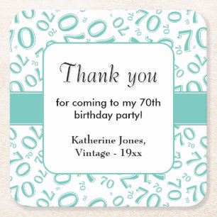 Thank You: Teal/White 70th Random Number Pattern Square Paper Coaster