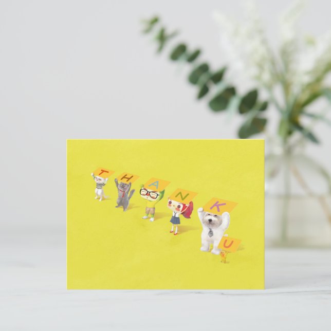 Thank You Team: Smiling Bichon & Friends Art Announcement Postcard (Standing Front)
