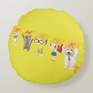 Thank You Team: Smiling Bichon & Friends Art Round Pillow